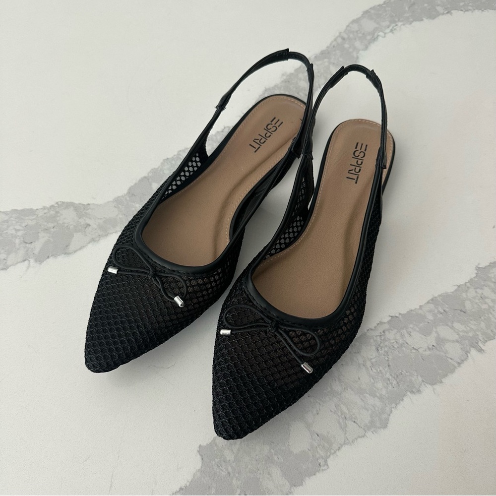 Esprit Trendy Black Mesh Flats Slingback With Pointy Toe and Bows